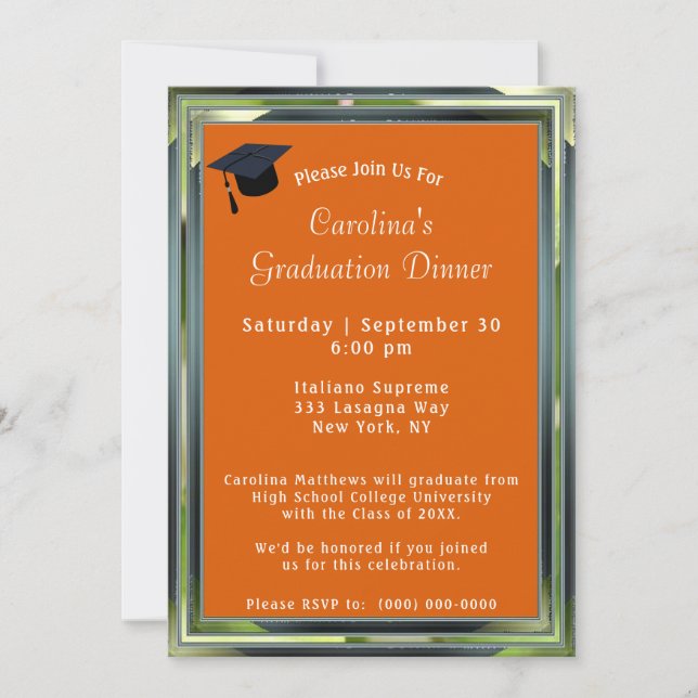 Metallic Green Frame Orange Dinner Cap Graduation Invitation (Front)