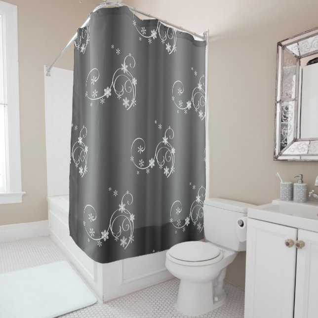 Metallic Grey Christmas Shower Curtain (In Situ)