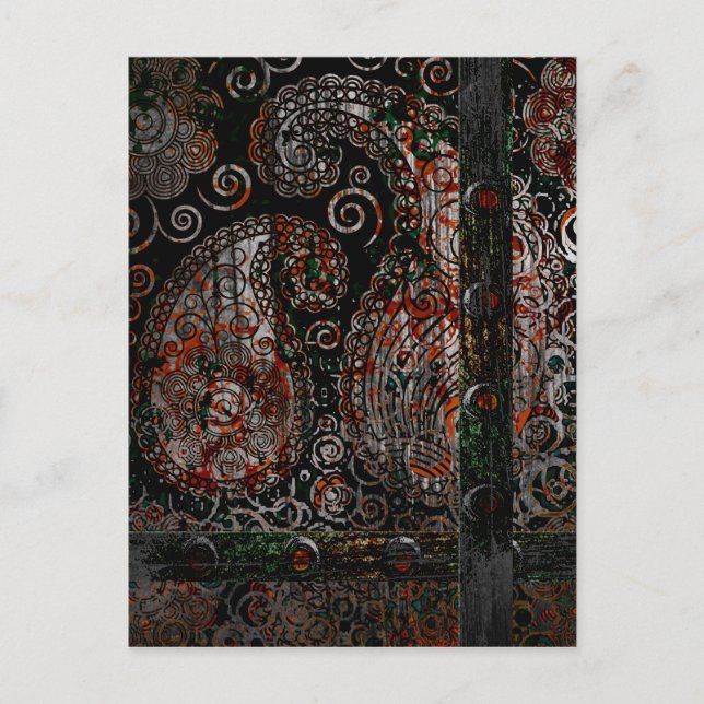Metallic Grunge Paisley Red Rust Grey with Rivets Postcard (Front)