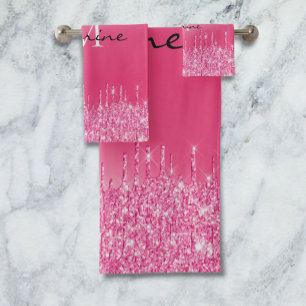 Metallic Hot Pink Dripping Glitter Monogrammed Bath Towel Set