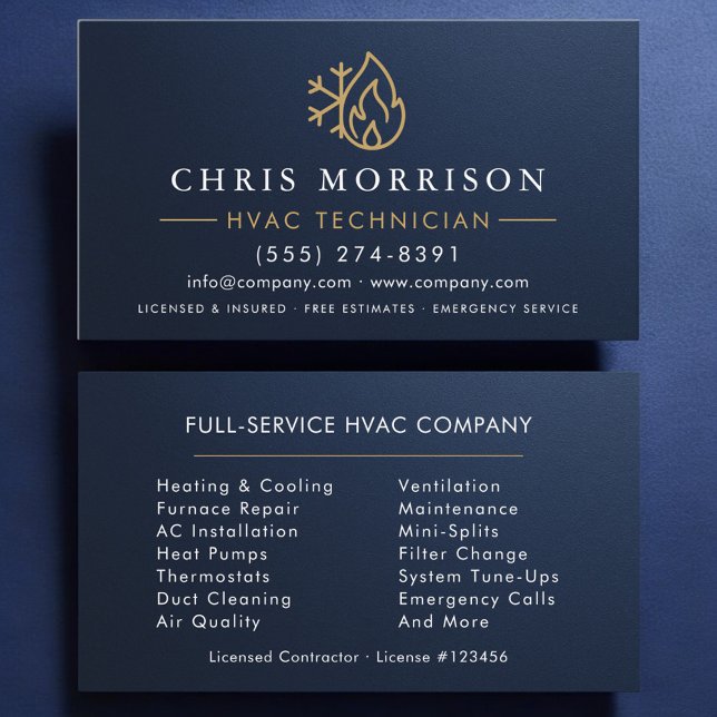Metallic HVAC Navy Blue Gold Modern Business Card (Creator Uploaded)