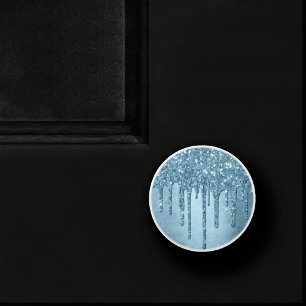Metallic Ice Blue Drip   Glitzy Glam Glitter Melt Ceramic Knob