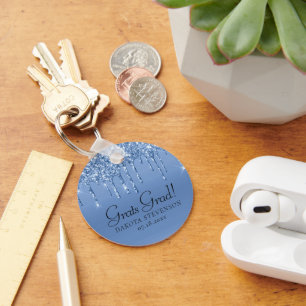 Metallic Ice Blue Drip Glitzy Glam Graduation Key Ring