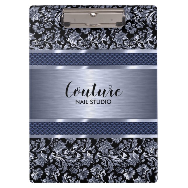 Metallic Light-blue Damasks & Brushed Steel Clipboard (Front)