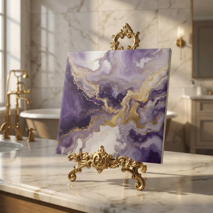 Metallic Liquid Art Purple & Gold Marble Agate Tile
