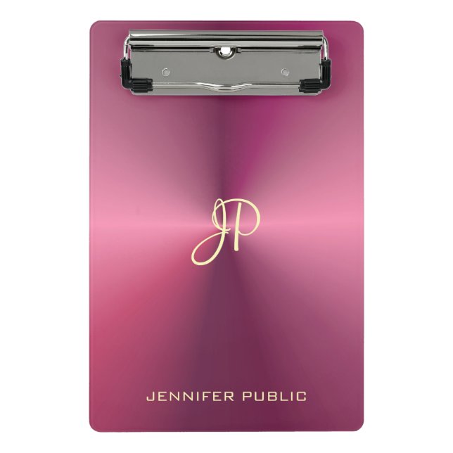 Metallic Look Pink Template Modern Monogram Mini Clipboard (Front)