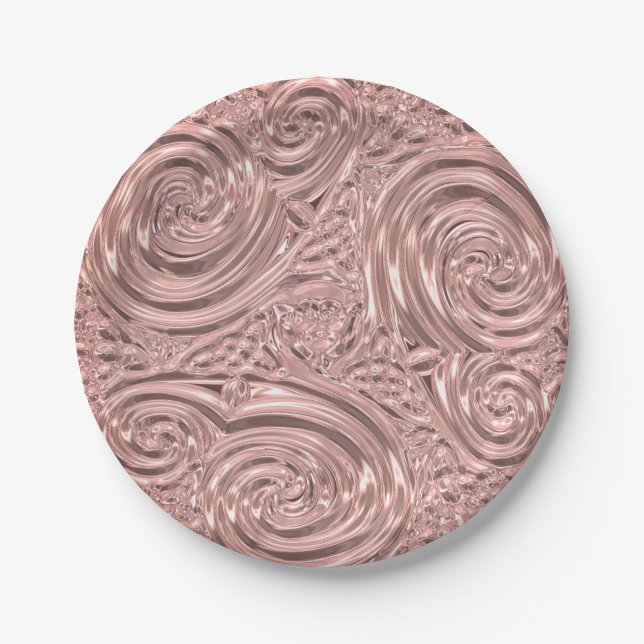 Metallic look rose gold pink abstract art nouveau  paper plate (Front)