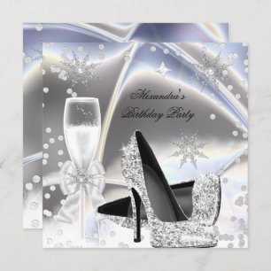 Metallic look Silver Champagne High Heels Birthday Invitation