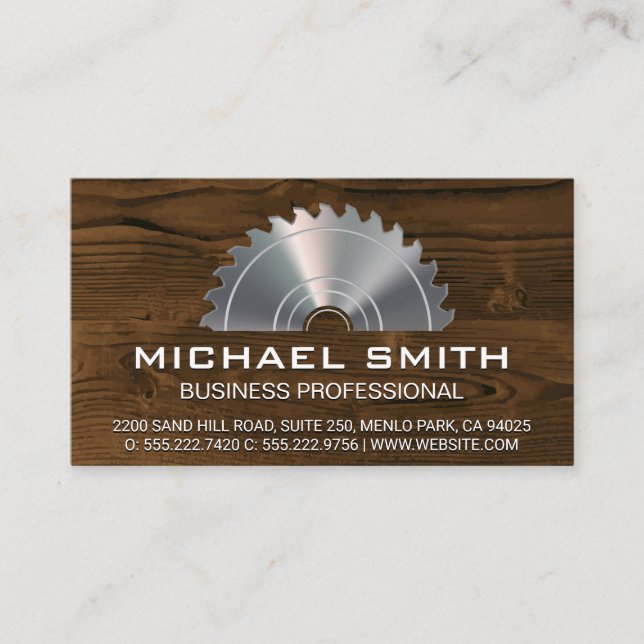 Metallic Lumber Saw | Wood Panel Business Card (Front)