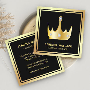 Metallic Luxurious Black Faux Gold Foil Crown Square Business Card