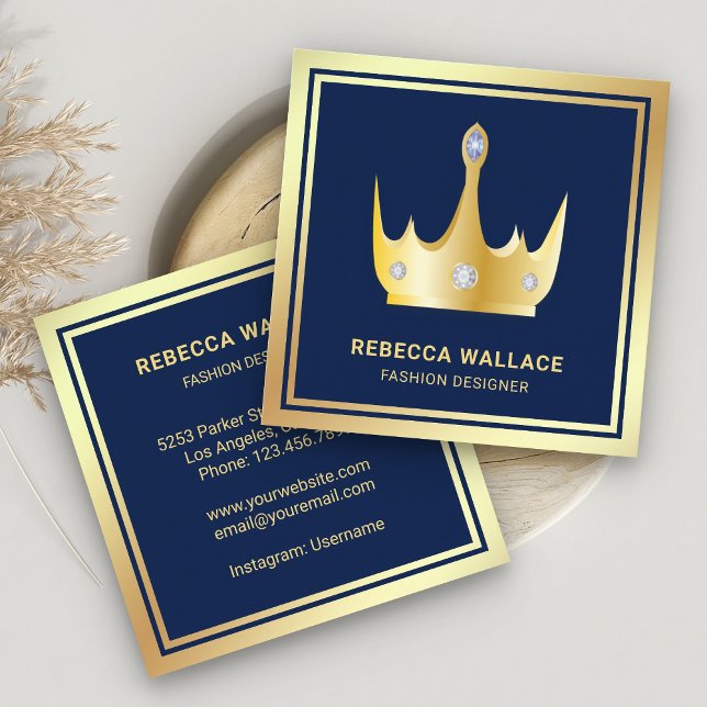 Metallic Luxurious Blue Faux Gold Foil Crown Square Business Card (Creator Uploaded)