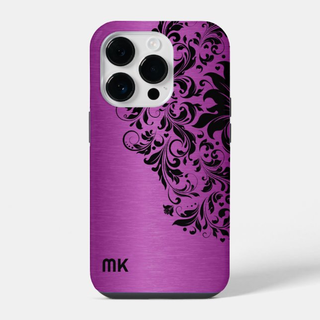 Metallic Maroon Red Texture Black Lace & Text iPhone Case (Back)