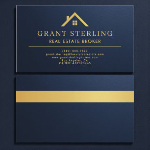 Metallic Navy Blue Gold House Real Estate Broker  Business Card