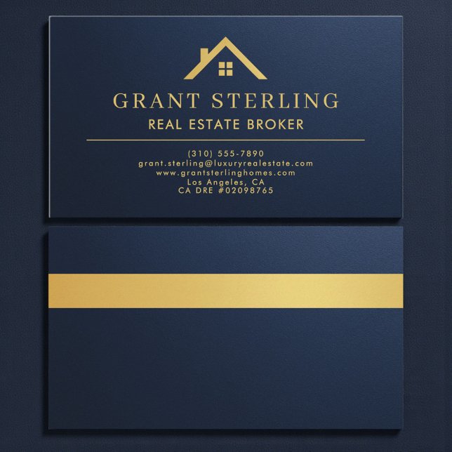 Metallic Navy Blue Gold House Real Estate Broker  Business Card (Creator Uploaded)