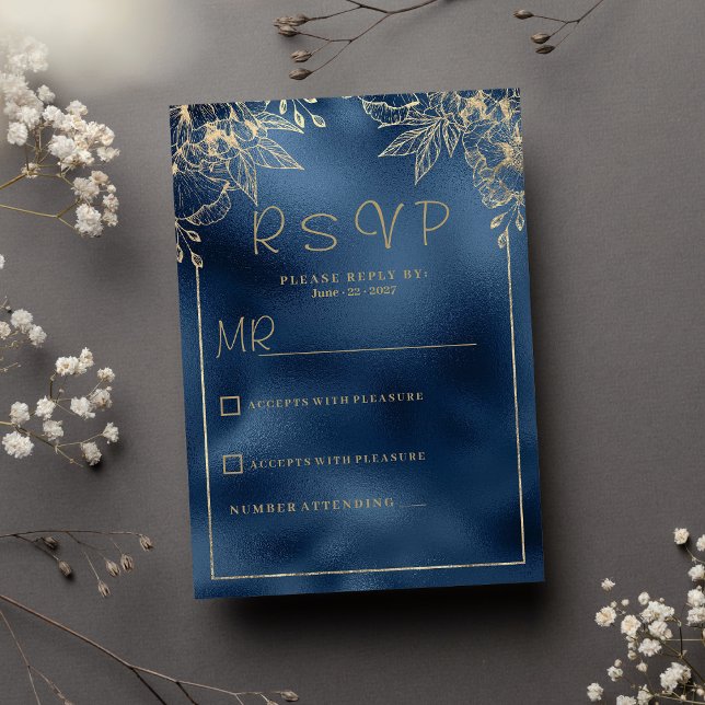 Metallic navy blue gradient gold floral RSVP Invitation (Metallic navy blue gradient gold floral RSVP )