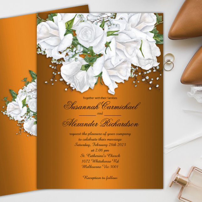 Metallic Orange and White Rose Bouquet Wedding Invitation (Creator Uploaded)