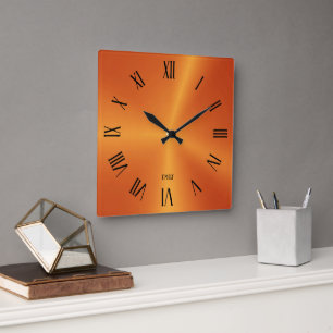 Metallic Orange Background Roman Numerals Square Wall Clock
