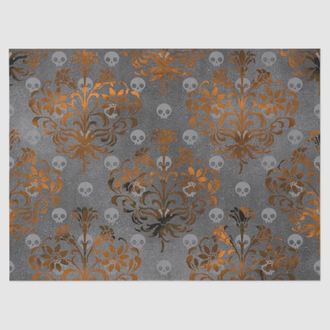 Metallic Orange Damask and Skulls Decoupage Tissue Paper (Front)