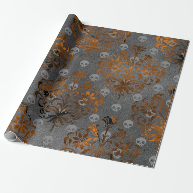 Metallic Orange Damask and Skulls Wrapping Paper (Unrolled)