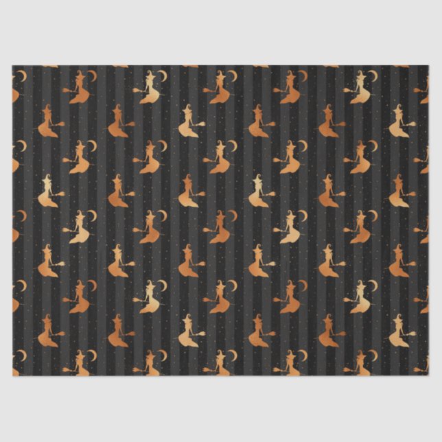 Metallic Orange Witches Black Halloween Decoupage Tissue Paper (Front)