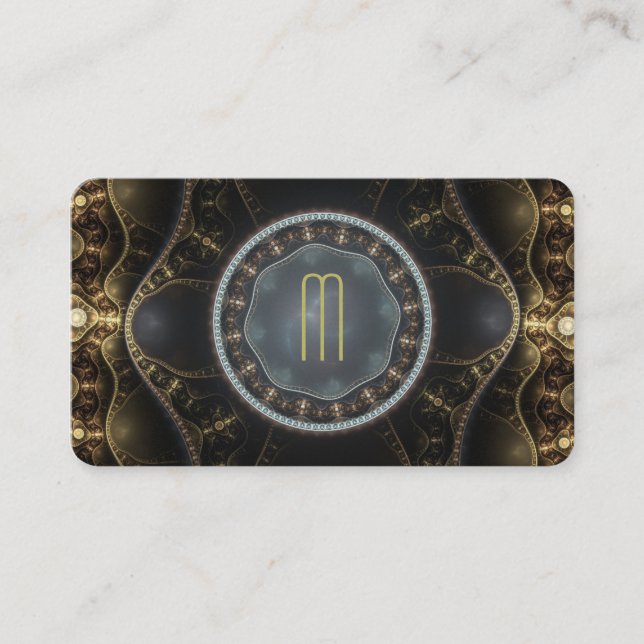 Metallic Ornate Steampunk Fractal Monogram Business Card (Front)