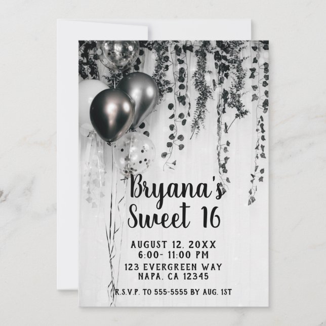 Metallic Party Balloons Rustic Ivy White Sweet 16 Invitation (Front)