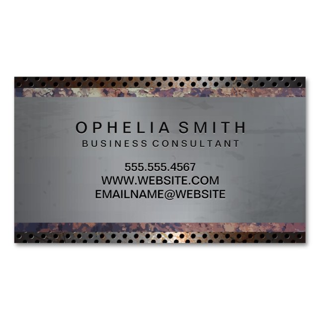 Metallic perforated | Rusted Metal Magnetic Business Card (Front)