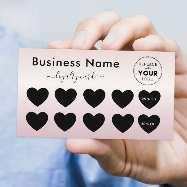 Metallic Pink Chic Gradient Heart Add Logo Beauty Loyalty Card (Creator Uploaded)