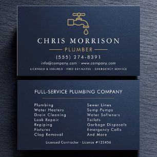 Metallic Plumber Navy Blue Gold Minimalist Business Card