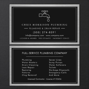 Metallic Plumbing Services Plumber Black Silver  Business Card