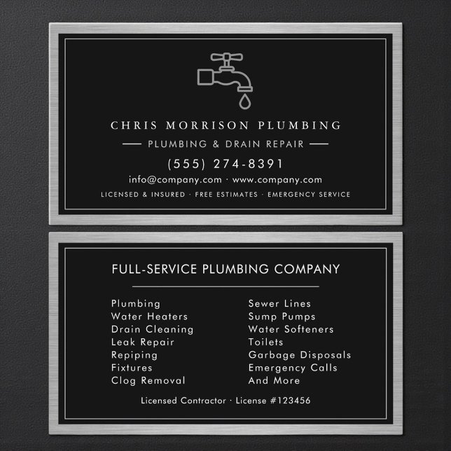 Metallic Plumbing Services Plumber Black Silver  Business Card (Creator Uploaded)