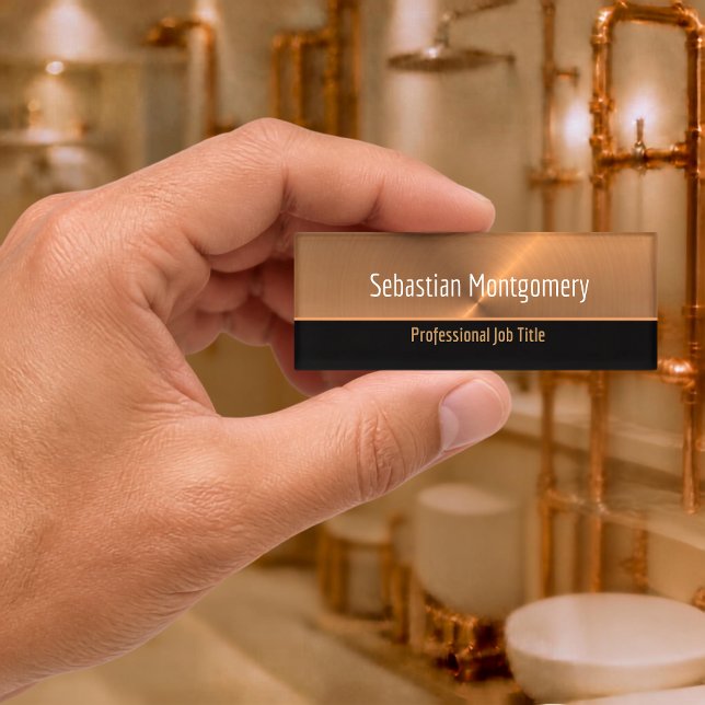 Metallic Professional Copper Flare Template Name Tag (Rectangular copper and black professional name tag template held between the thumb and index finger.)