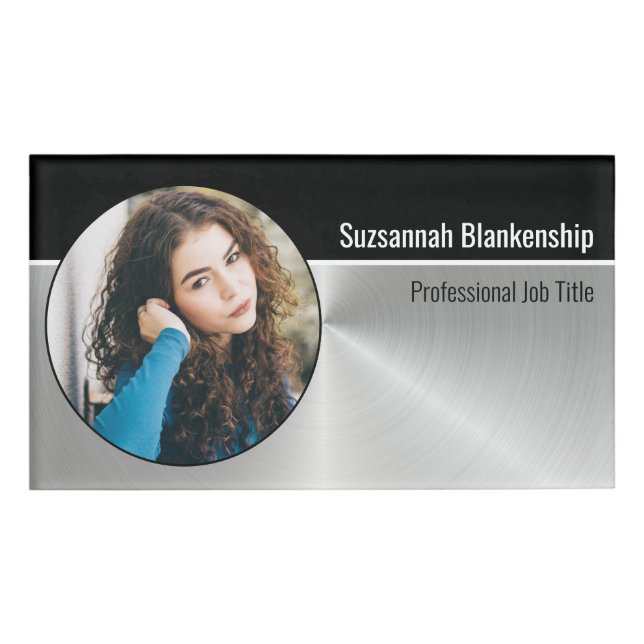 Metallic Professional Silver Flare Custom Photo Name Tag (Front)