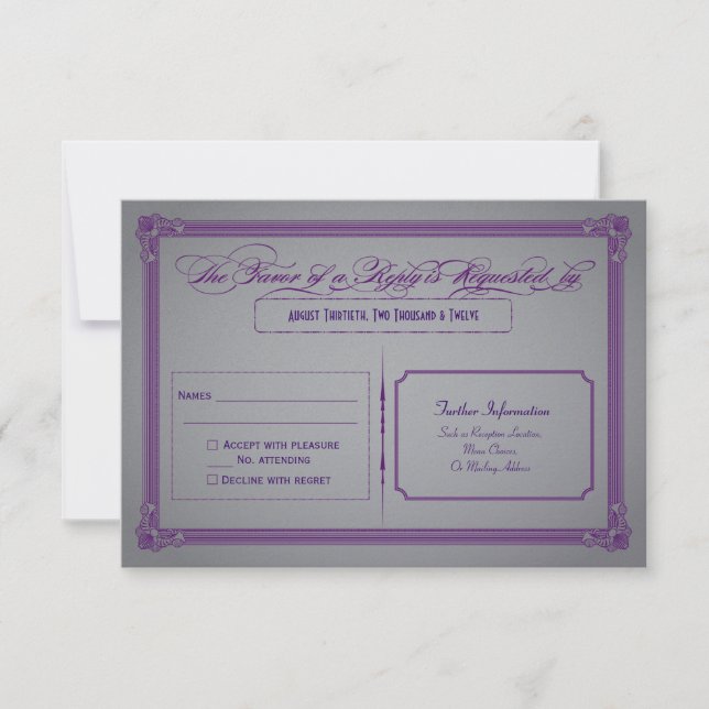 Metallic Purple and Grey Wedding RSVP Card (Front)