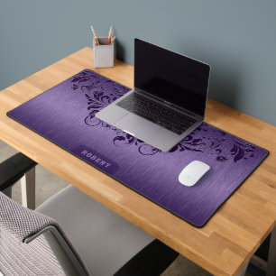 Metallic Purple Background Purple Floral Swirls Desk Mat