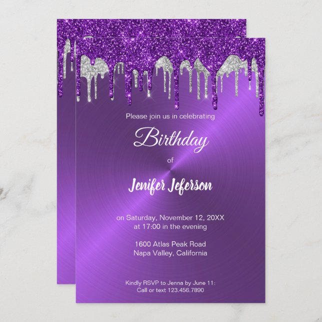 Metallic purple glitter Birthday Invitation (Front/Back)