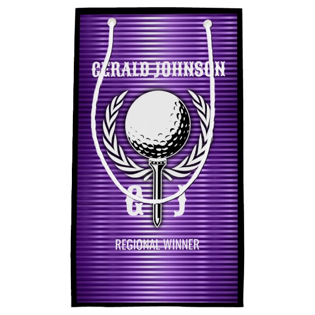Metallic Purple Lines Golf Monogram Design Small Gift Bag (Front)