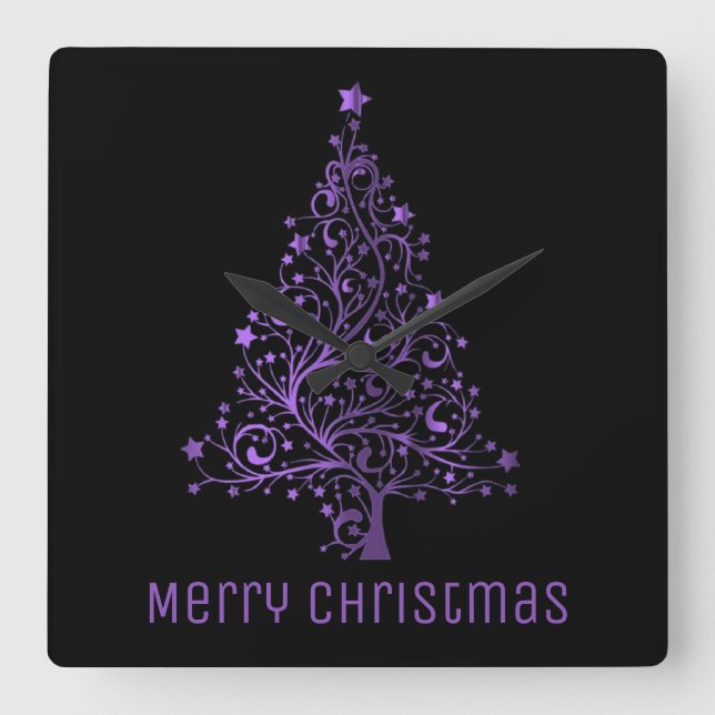 Metallic Purple Stars Christmas Tree Elegant Black Square Wall Clock (Front)