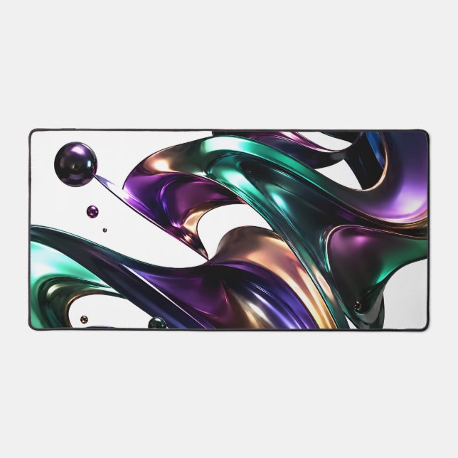 Metallic Purple Teal Abstract 3D Fluid Swirl Desk Mat (Front)