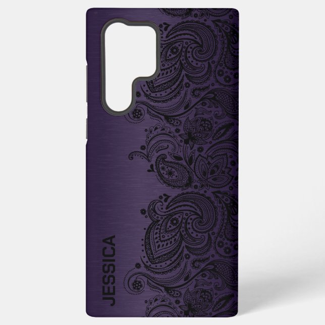 Metallic Purple With Black Paisley Lace Samsung Galaxy S22 Ultra Case (Back)