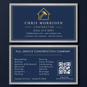 Metallic QR Code Building Construction Navy Blue Business Card