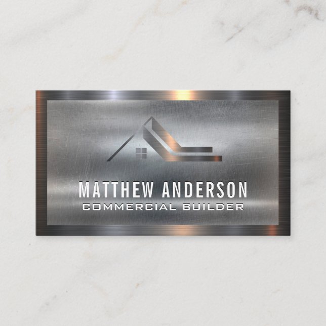 Metallic Real Estate Logo | Metal Background Business Card (Front)