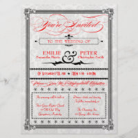 Metallic Red, Black & Silver Damask Wedding Invite