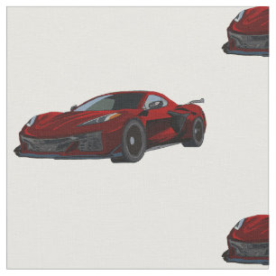 Metallic Red C8 Corvette Hand Drawn Sketch Fabric