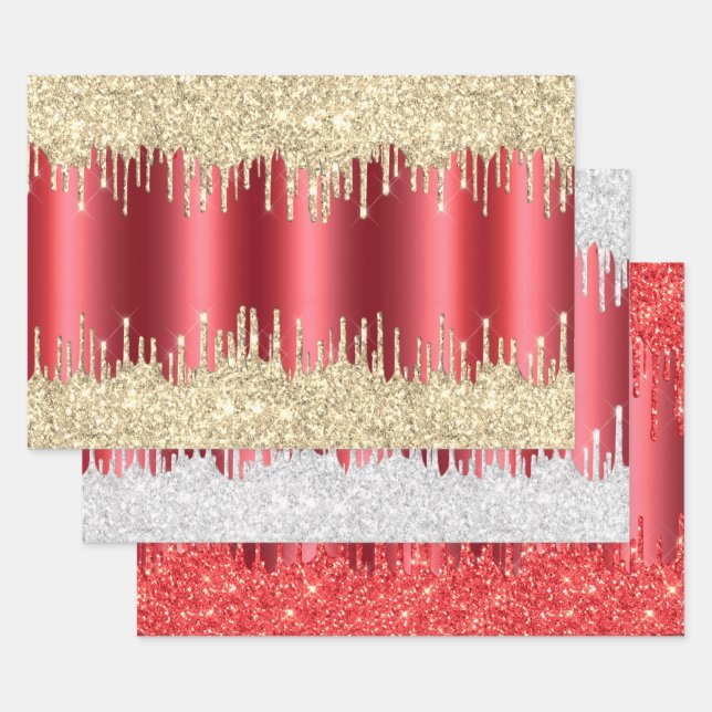 Metallic Red Christmas Dripping Glitter Combo Pack Wrapping Paper Sheet (Set)