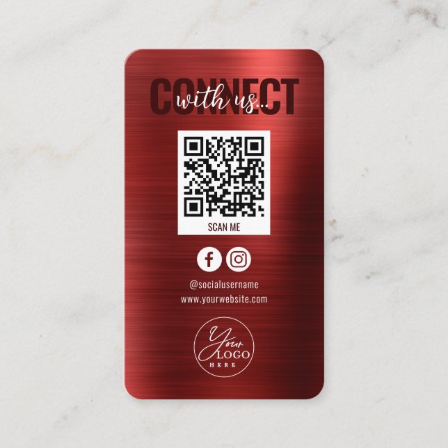 Metallic Red Connect With Us Social Media QR Code Business Card (Front)