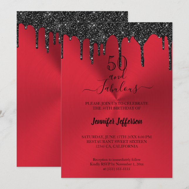Metallic red glitter Birthday Invitation (Front/Back)