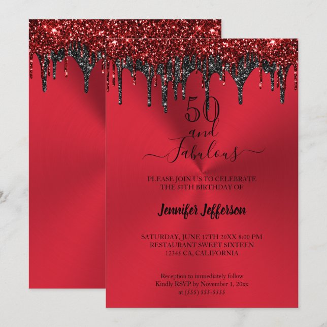 Metallic red glitter Birthday Invitation (Front/Back)