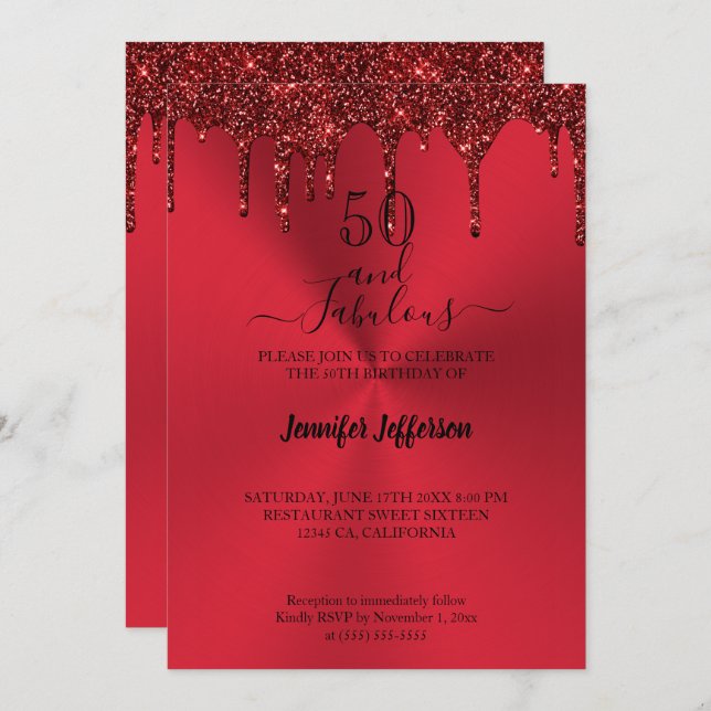 Metallic red glitter Birthday Invitation (Front/Back)