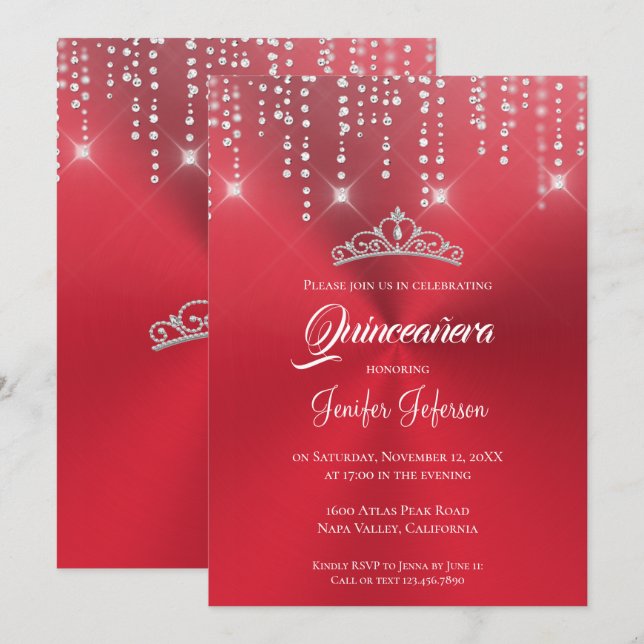 Metallic red glitter Quinceanera Invitation (Front/Back)